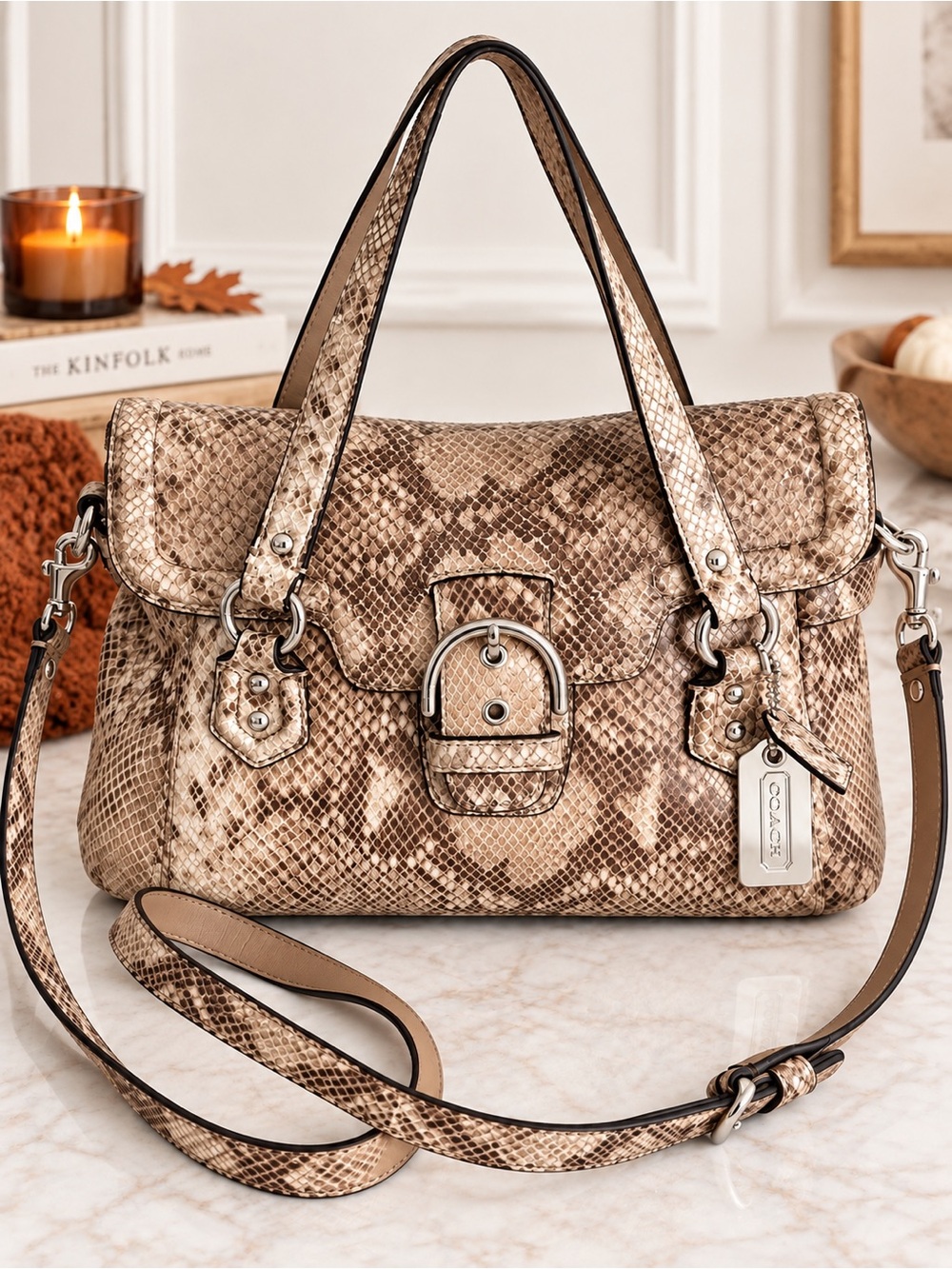 Coach Campbell Snakeskin Embossed Leather Satchel Shoulder Bag